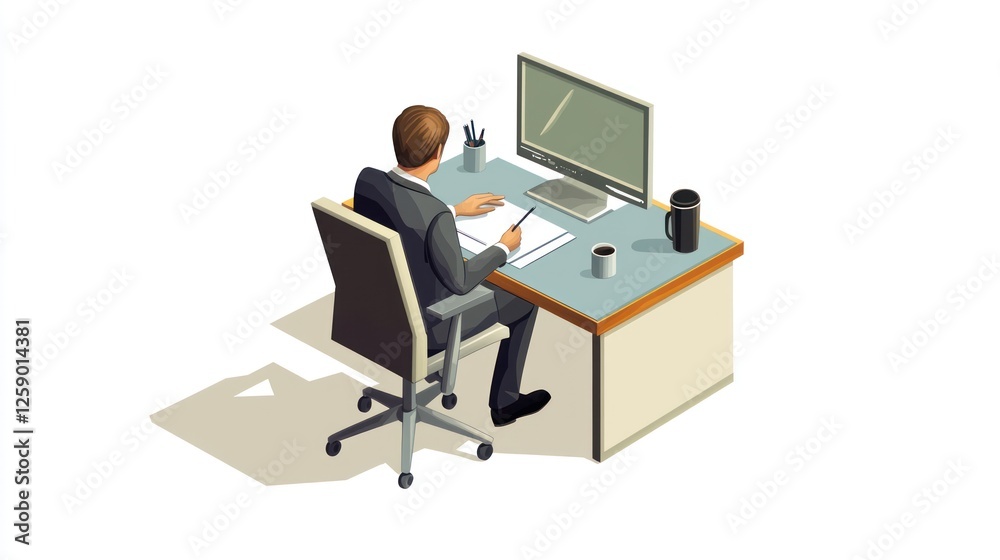 Businessman Working at Desk, Isometric View, Office Scene, Illustration Businessman Working at Desk, Isometric View, Office Scene, Illustration