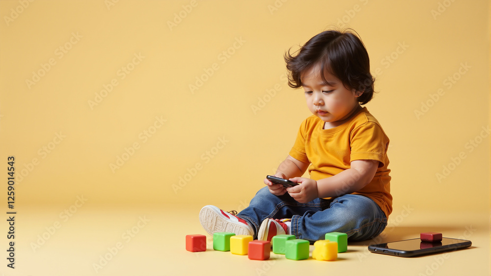 Curious toddler engaged with smartphone and colorful blocks on yellow background Curious toddler engaged with smartphone and colorful blocks on yellow background