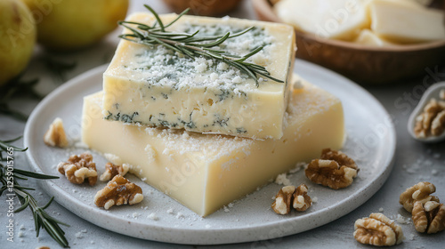 Delicious ingredients on a white table featuring ripe pears, dorblu cheese, rosemary, walnuts, and butter ready for baking photo