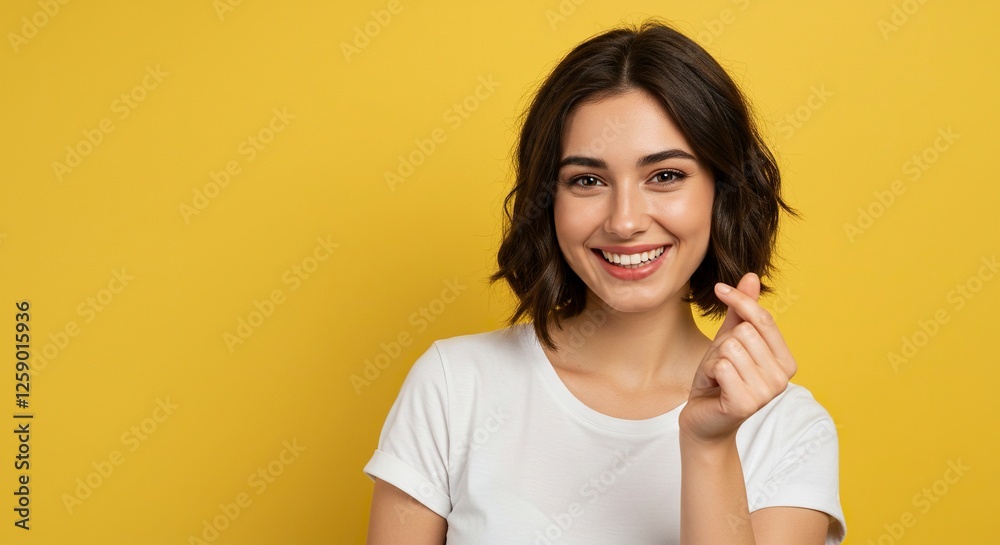 Smiling Woman with Heart Finger Gesture on Yellow Background Portrait Smiling Woman with Heart Finger Gesture on Yellow Background Portrait