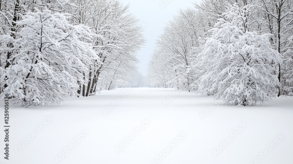 Fototapeta premium Snowy trees line a quiet path in a winter forest during a peaceful overcast day.