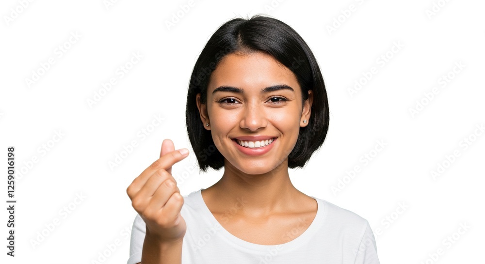 Smiling Woman Making Heart Shape Gesture with Fingers on White Smiling Woman Making Heart Shape Gesture with Fingers on White
