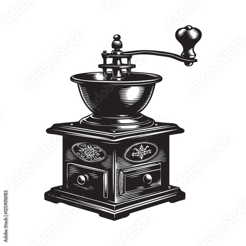 Old coffee grinder. Vector drawing on a white background.
