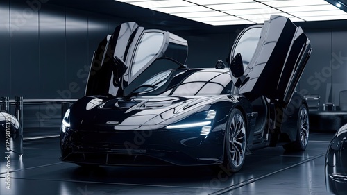 A sleek black sports car with unique butterfly doors is prominently displayed in an ultra modern exhibition space impressing auto enthusiasts during an event