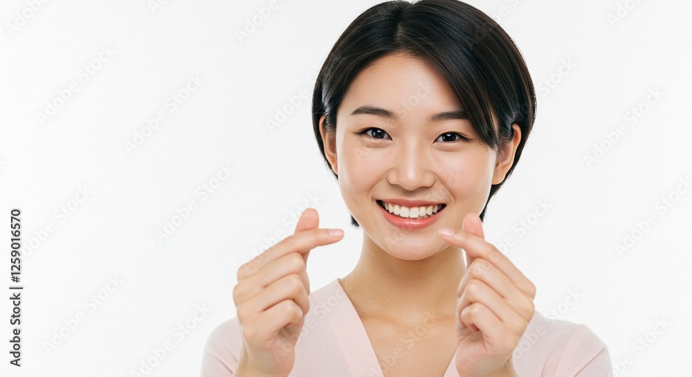 Smiling Young Woman Making Heart Shape with Fingers on White Background Smiling Young Woman Making Heart Shape with Fingers on White Background