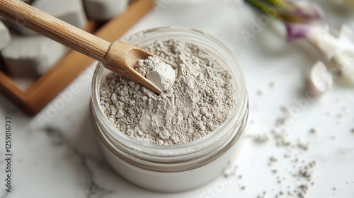 Natural cosmetic white clay powder in transparent jar with scooping utensil on neutral background.Skin Care, Home Facial Care,Dry Skin, Clay Mask photo