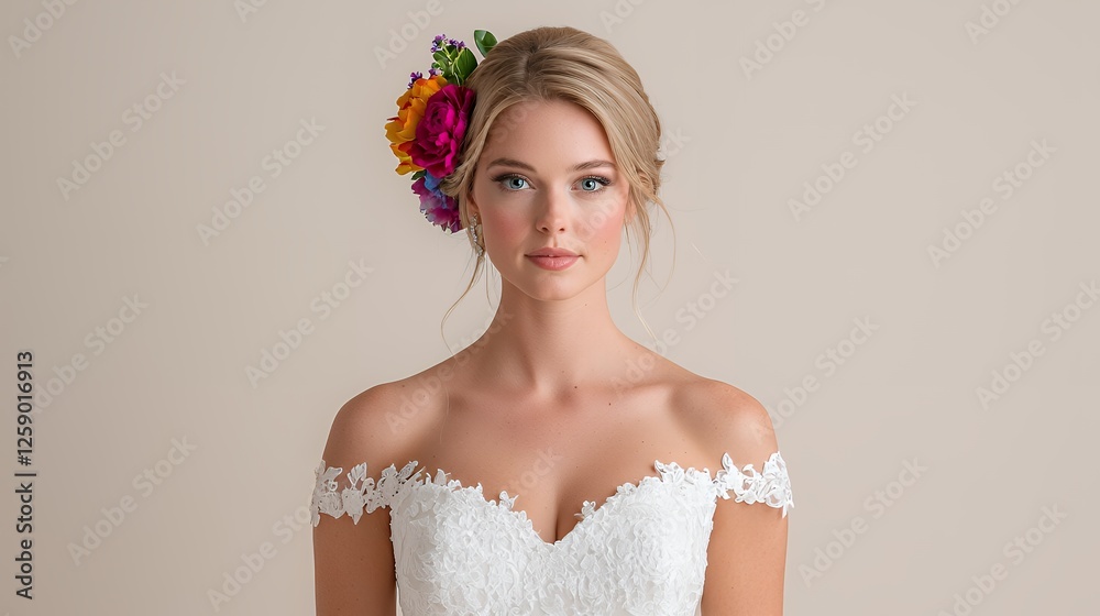 Bride, floral hairpiece, studio portrait, neutral background, wedding website Bride, floral hairpiece, studio portrait, neutral background, wedding website