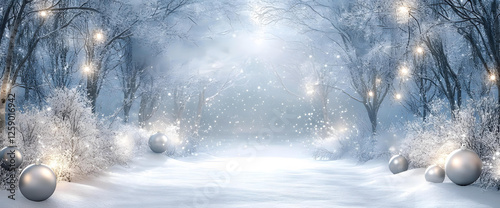Magical Winter Wonderland Scene with Sparkling Lights and Silver Ornaments