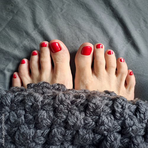 Image of two female finger's feet  with red nails