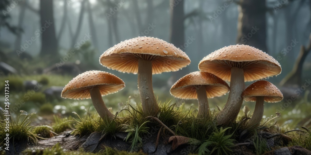 Fototapeta premium Fungi caps glistening with dew in the morning mist , dawn, nature