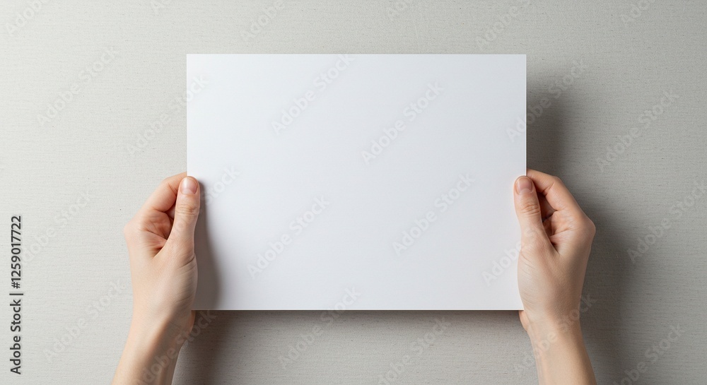 Hands Holding a Blank White Paper Sheet on Neutral Background Hands Holding a Blank White Paper Sheet on Neutral Background