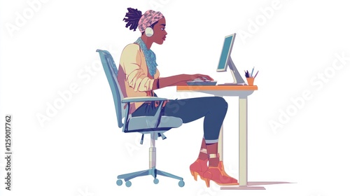 Woman working at a computer, modern office setting, illustration, digital art photo