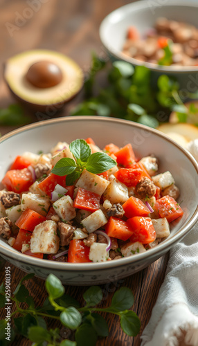 Turkish Shepherd Salad, Coban Salatasi in a bowl, vintage. with white shades photo