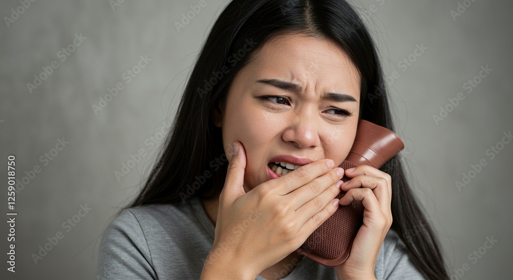 Woman Experiencing Toothache Pain Holding Hot Water Bag on Cheek Woman Experiencing Toothache Pain Holding Hot Water Bag on Cheek