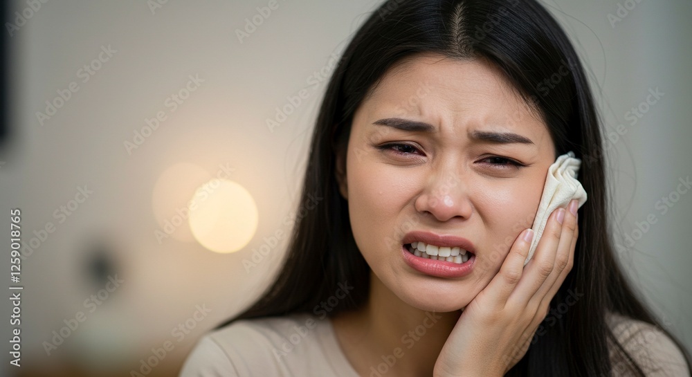 Woman Experiencing Toothache Holding Cheek with Compress Seeking Dental Care Woman Experiencing Toothache Holding Cheek with Compress Seeking Dental Care