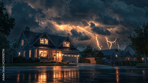 Suburban street and houses illuminated by a nighttime lightning storm