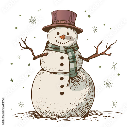 a cheerful snowman wearing a top hat and scarf.