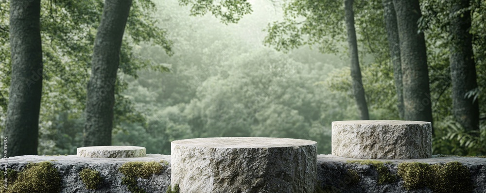 Three empty round stone podiums for promoting cosmetics and other products in a green forest Three empty round stone podiums for promoting cosmetics and other products in a green forest