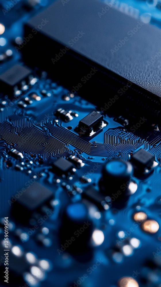 Macro shot of a blue circuit board with electronic components and connections, representing modern digital technology. Macro shot of a blue circuit board with electronic components and connections, representing modern digital technology.