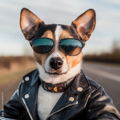 A stylish dog wearing sunglasses and a leather jacket, ready for an adventurous ride on the open road.