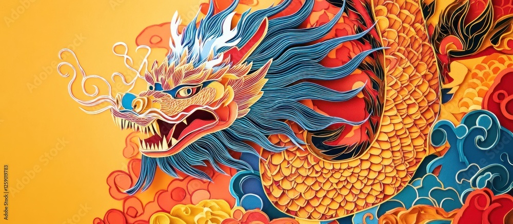 Fototapeta premium Vibrant paper-cut dragon artwork with detailed scales, mane, and clouds on a gold background.