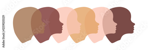 Abstract silhouette of multicultural women faces, heads with different skin tones. Concept of diversity unity human equality minimalist design inclusion empowerment social harmony. White background