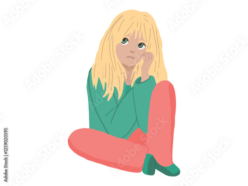Blonde woman sitting in sadness, deep thoughts. Melancholic female feeling lonely, lost. Concept of solitude, depression, introspection, mental health awareness, emotional struggle. White background