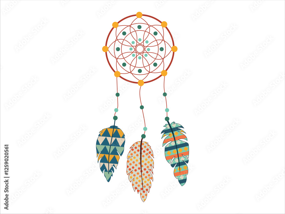 Obraz premium Colorful Dream catcher with Geometric Feather Patterns on White Background. Concept of Native Art, Bohemian Decor, Dreamy Symbol, Cultural Ornament, Ethnic Craft Design Element.