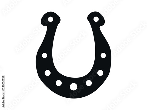 Black Silhouette of Horseshoe isolated on White Background. Concept of Luck Symbol, Fortune Charm, Equine Equipment, Minimalist Design. Decorative Element for Good Fortune Iconography, Horse Theme