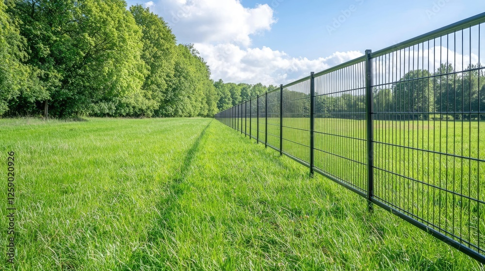 Green field with black metal fence, sunny day Green field with black metal fence, sunny day