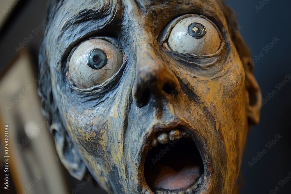 A dramatic sculpture showing a face in shock and fear, with intense emotion in the eyes and open mouth. A dramatic sculpture showing a face in shock and fear, with intense emotion in the eyes and open mouth.