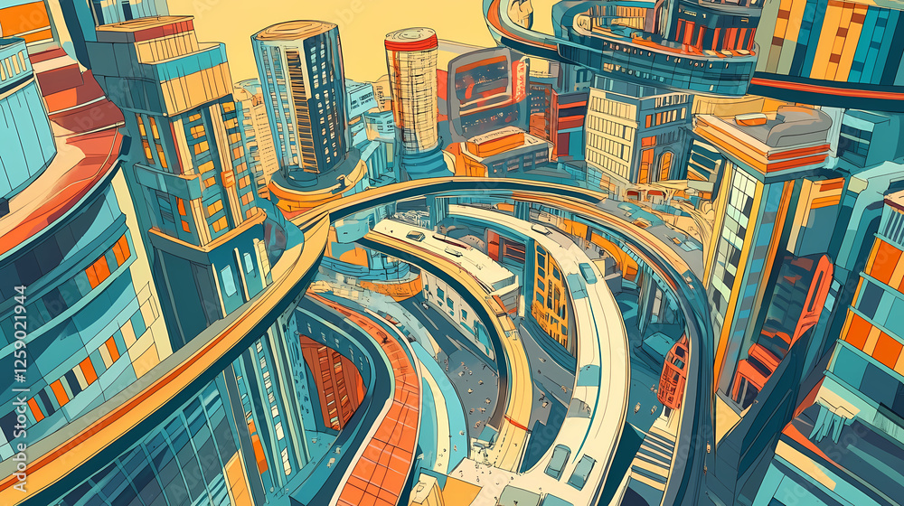 Obraz premium Ai and machine learning in smart cities. Gravity-Warped Cities. Illustration