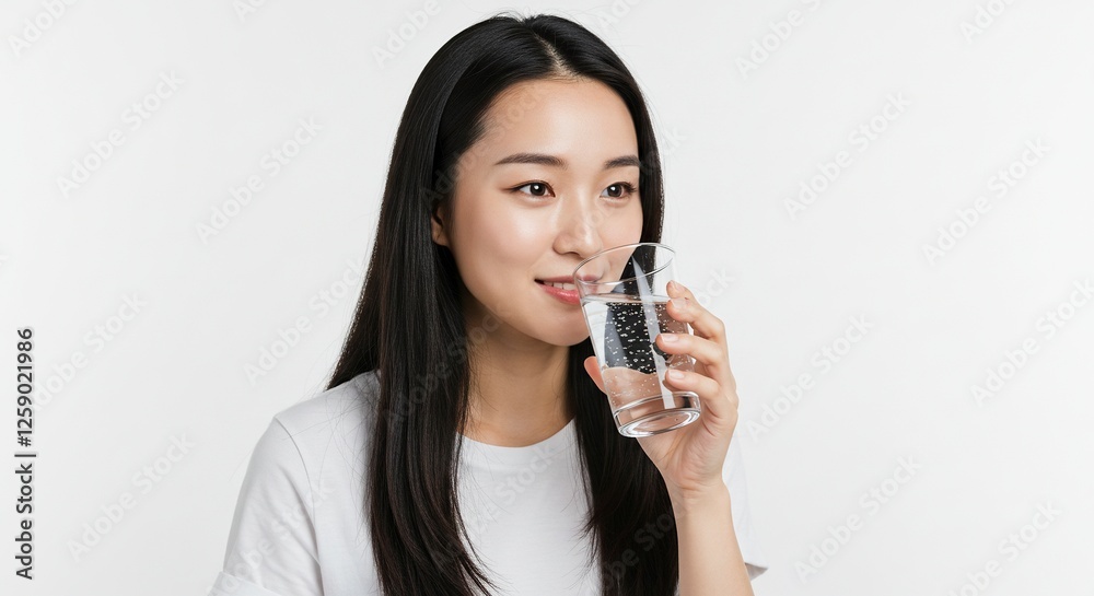 Asian Woman Drinking Water From Glass on White Background Studio Shot Asian Woman Drinking Water From Glass on White Background Studio Shot