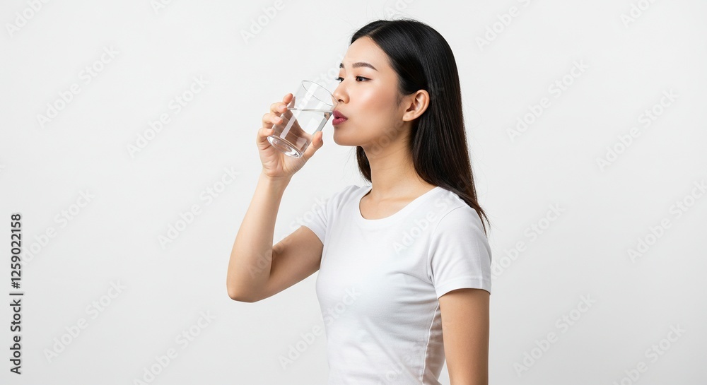 Woman Drinking Water From Glass Hydrating in Minimalist White Studio Woman Drinking Water From Glass Hydrating in Minimalist White Studio