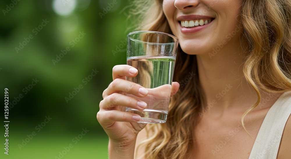 Woman Holding Glass of Water Smiling in Green Outdoor Setting Woman Holding Glass of Water Smiling in Green Outdoor Setting