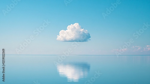 Tranquil image of a single white cloud mirrored in calm blue waters under a vast sky