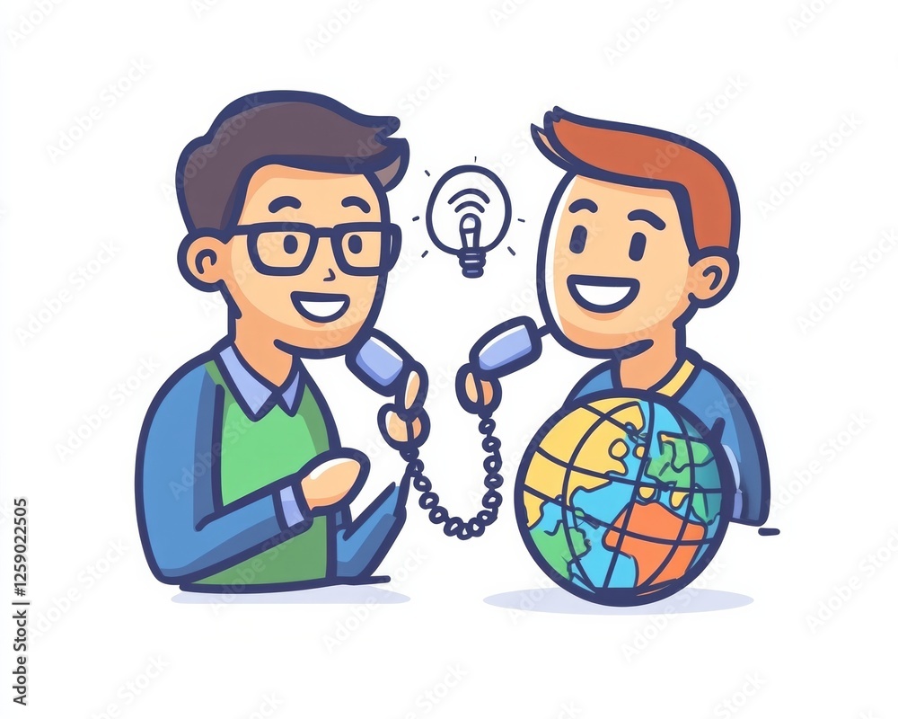 Cartoon podcasters sharing ideas across the globe with microphones and light bulb Cartoon podcasters sharing ideas across the globe with microphones and light bulb