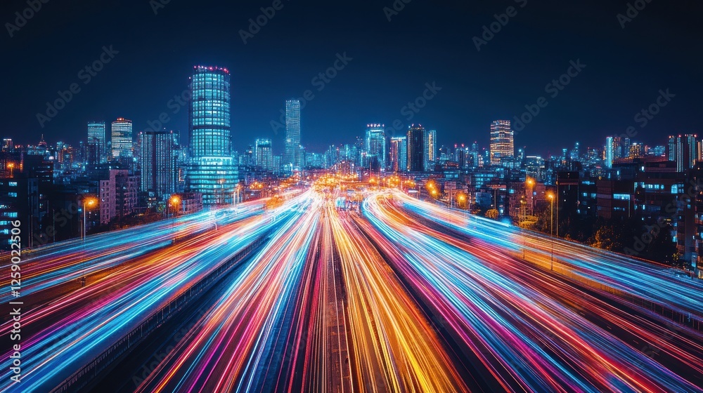 Obraz premium Cityscape Night Highway Light Trails City Traffic