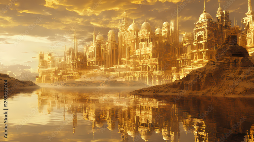 Naklejka premium Desert landscape where a golden mirage creates illusions of distant cities and palaces. surreal desert mirage. illustration. Gravity-Warped Cities. Illustration