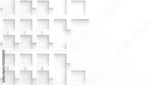 Abstract geometric pattern, repeating squares, white color, 3d effect,  textured surface,  minimalist design,  photorealistic style,  clean lines,  no shadows,  full frame,  high detail,  
