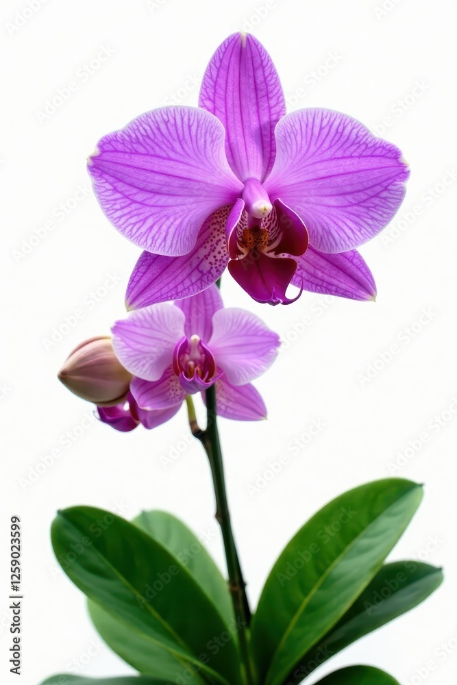 Obraz premium Exotic jungle orchid, purple petals, lush foliage Isolated on white background , flower, jungle, botany