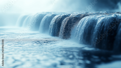 Powerful waterfall cascading over rocky edge creating misty atmosphere, close-up view of flowing water with ethereal blue tones. Natural power concept