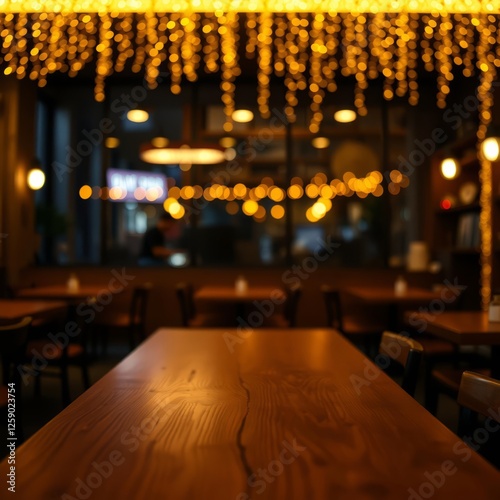 Empty wooden table on blurred light gold bokeh of cafe restaurant on dark background Bokeh light lights background bokeh abstract light bright effect shiny