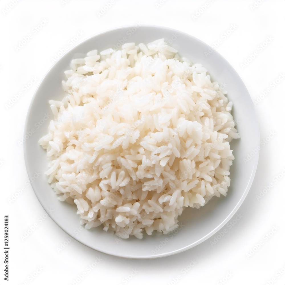 Small pile of perfectly cooked boiled rice in a small white plate, isolated on a white background, ready to be served Small pile of perfectly cooked boiled rice in a small white plate, isolated on a white background, ready to be served