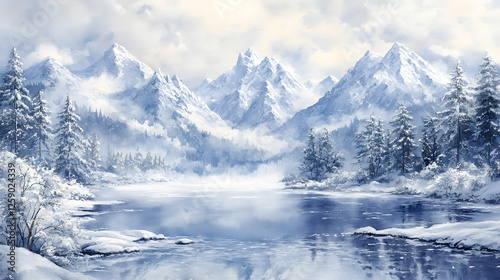 Serene Winter Wonderland Majestic Mountain Lake and Snowy Peaks