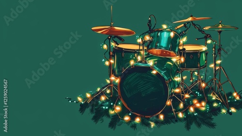 A digital illustration of a drum set wrapped in glowing Christmas lights against a dark green background. The festive ambiance combines music and holiday spirit. AI generated.