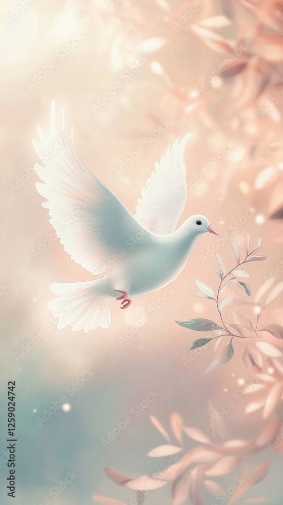 Fototapeta premium Delicate white dove soaring gracefully among softly blurred pastel leaves in a tranquil atmosphere