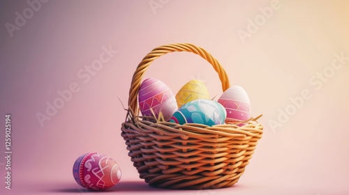 A lifelike Easter basket filled with meticulously painted eggs, set against a soft pastel gradient background. The warm lighting enhances the festive and inviting atmosphere. AI generated.