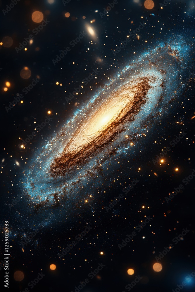 Naklejka premium Galaxy formation with bright stars and swirling cosmic dust in a deep space setting displaying vibrant colors and intricate details