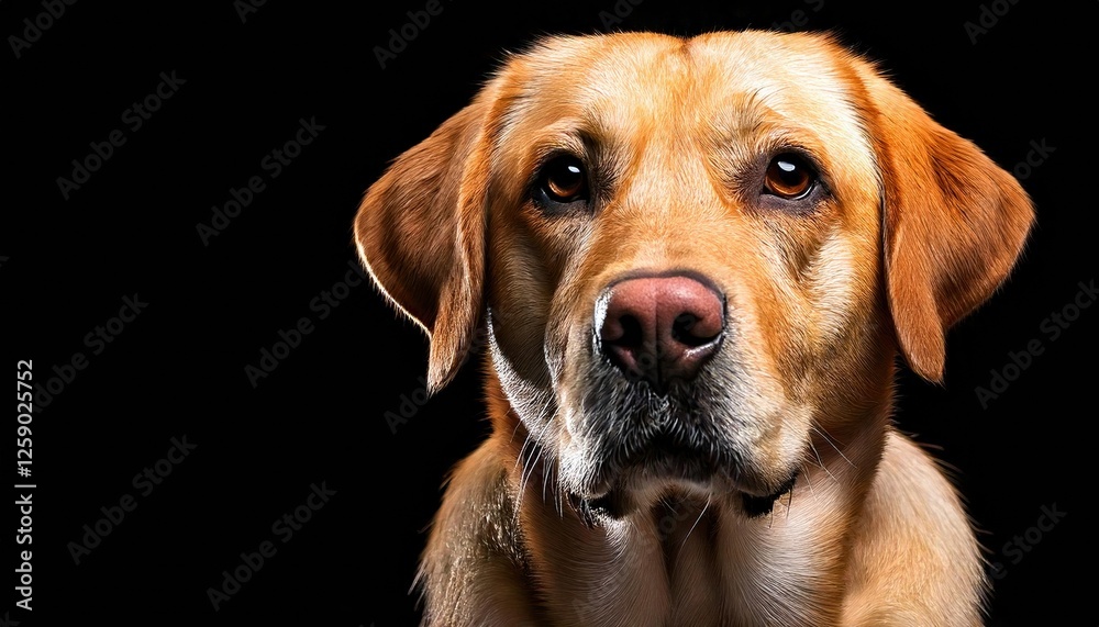 Labrador retriever gazing intently with a dramatic black background at a studio session